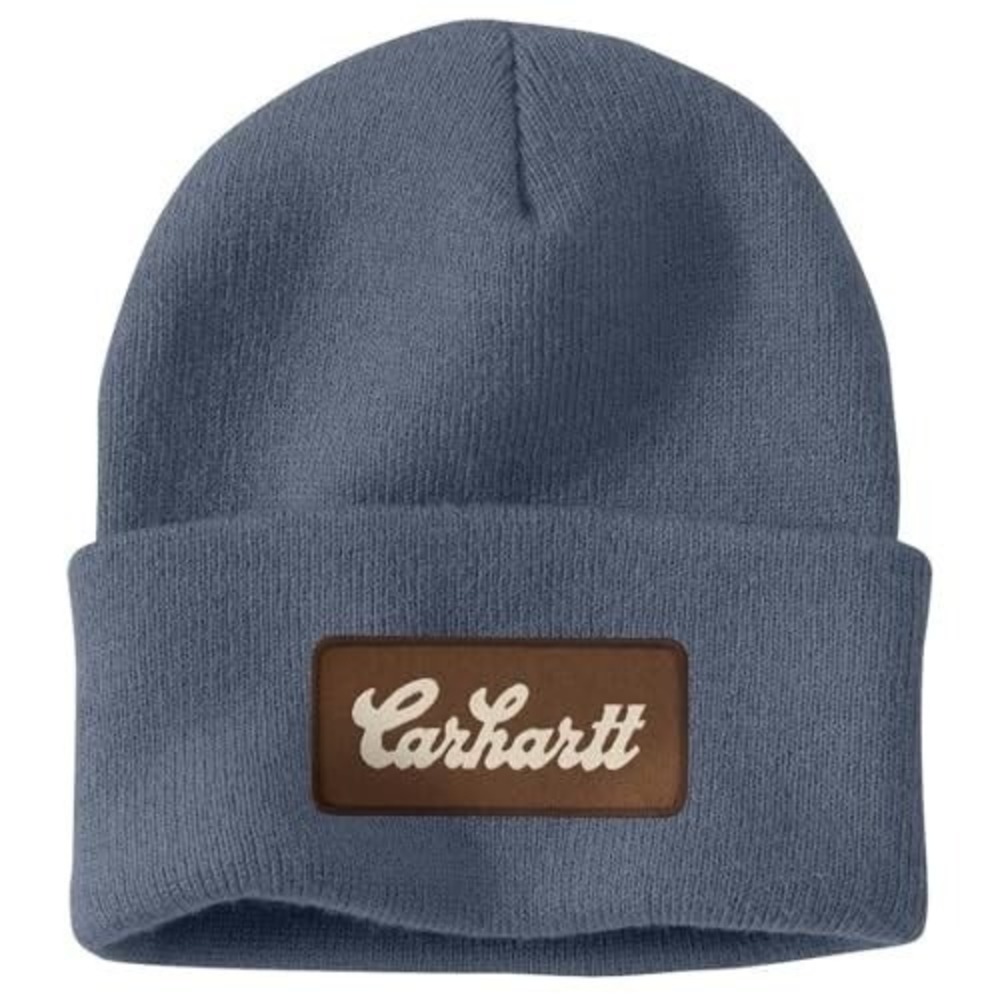 Carhartt Blue Grey Knit Cuffed Beanie Hat with Script Logo Patch One Size